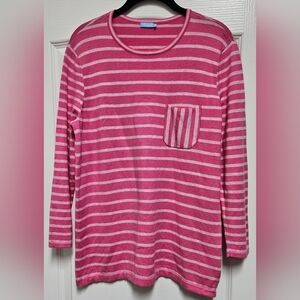 J.McLaughlin Pink Stripe Top L Long Sleeve Pocket Preppy Casual.